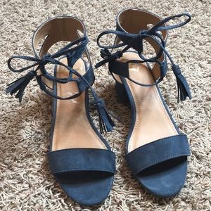 Blue tie ankle strappy heels
